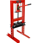 Front view of a red 6 Ton Hydraulic Shop Press Heavy Duty H Frame Garage Press With Adjustable Worktable And Stamping Plates Ideal For Metal Bending And Straightening Auto Repair Bearing And U Joint Installation Floor Standing Workshop.