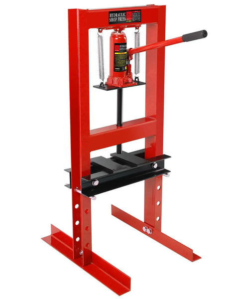 Front view of a red 6 Ton Hydraulic Shop Press Heavy Duty H Frame Garage Press With Adjustable Worktable And Stamping Plates Ideal For Metal Bending And Straightening Auto Repair Bearing And U Joint Installation Floor Standing Workshop.