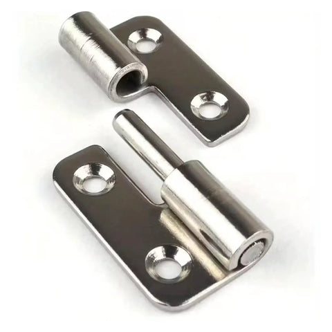 Close-up of Four Piece Detachable Hinges With Left Hand Lifting Sliding Joint Design, Heavy Duty Metal Hardware for cabinets and closets.