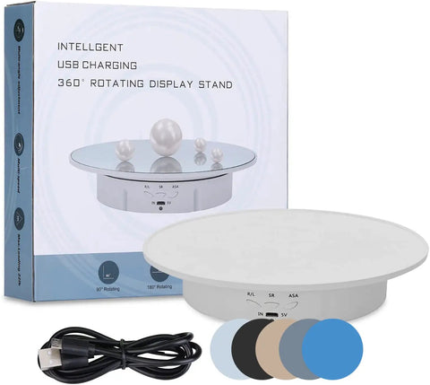 JAYEGT Motorized Rotating Display Stand with USB charging for jewelry, 7.87 Inch electric turntable, showcases items with colored backdrops.