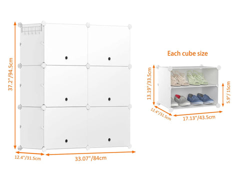 Six Tier Shoe Storage Cabinet For 24 Pairs Of Shoes Plastic Shelves Organizer showing unit dimensions and cube size comparison