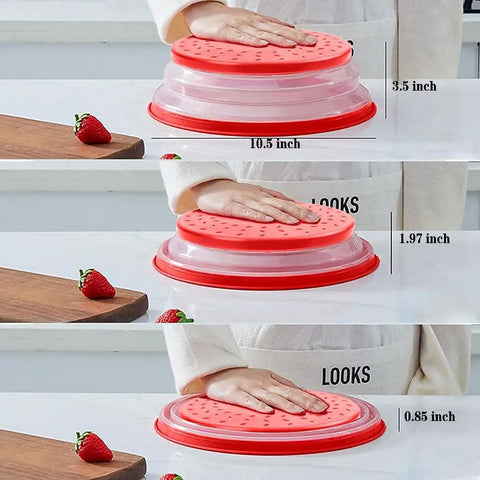 Three views of Red Collapsible Microwave Splatter Cover With Easy Grip Handle BPA Free TPR And PP Dishwasher Safe 10.5 Inch