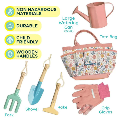 Kids Garden Tool Set For Young Gardeners Kid Friendly STEM Learning Kit With Tote Bag Lightweight Spade Watering Can Rake Fork Trowel And Gloves Colorful Durable Outdoor Garden Set For Kids