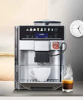 Fully Automatic Coffee Machine With Ceramic Silent Grinder And 5 Speed Grind Settings Touch Panel Brew System For Home And Office Bean To Cup Convenience And Easy No Fuss Grind And Brew visible on a kitchen counter brewing espresso next to a cup of coffee.