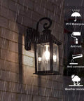 Dusk To Dawn Outdoor Wall Light With Sensor, Waterproof Matte Black Porch Sconce, lit in rain showing IP23 waterproof features