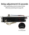 Heavy Duty Alloy 12 Volt DC Electric Lock With Magnetic Deadbolt Providing Knockout Door Security Via Straight Up Reliable Time Delay Fail Secure Mortise Drop Bolt Lock With Key Cylinder For Hassle Free Daily Grind showing delay adjustment feature and keys.