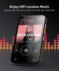 72GB MP3 Player With Bluetooth And 4.0 Inch Full Touchscreen displaying music interface, black device with orange buttons.