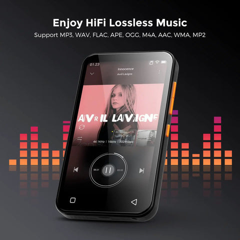 72GB MP3 Player With Bluetooth And 4.0 Inch Full Touchscreen displaying music interface, black device with orange buttons.