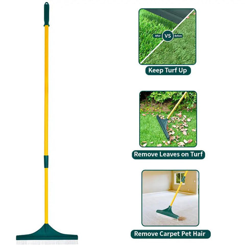 3 In 1 Turf Rake For Artificial Grass And Carpet Care With Adjustable 32 To 50 Inch Steel Handle Dense Nylon Tooth Brush Head For Quick Leaf Pet Hair And Debris Removal From Lawn Turf And Indoor Surfaces.