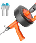 Twenty Five Foot Flexible Steel Drain Auger With Drill Adapter For Shower And Tub Unclogging Of Hair And Grease, with gloves.