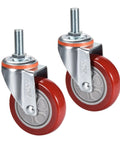 Rock Solid Heavy Duty Furniture Casters With Polyurethane Swivel Wheels That Roll Smooth As Butter And Mount Securely Via Threaded Stem For Benches And Tool Chests Zero Squeaks Guaranteed mounted on a silver swivel base.