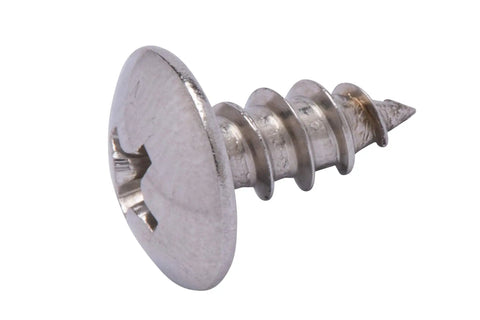 Heavy Duty Truss Head Wood Screws With Phillips Drive Made From 18 8 Stainless Steel Tough As Nails Rustproof Protection Includes Full 100 Piece Set For Decking Construction And Diy Projects To Get Job Done Right First Time Always - Close-up view of a truss head wood screw.
