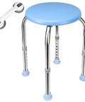Sturdy Heavy Duty Stainless Steel Shower Stool 350 Lb Capacity With Round Tub Seat And Grab Bar Non Slip Feet Handicap Bathroom Chair Adjustable Height Bath Bench For Seniors Disabled And Injured Blue featuring blue round seat and adjustable legs