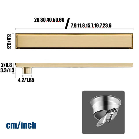 Heavy Duty Brushed Stainless Steel Linear Shower Drain With Reversible Cover And Removable Grate For Custom Tile Trim And Slick Low Profile Bath Floor Drainage dimensions and design view.