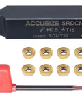 Pro Grade Indexable Tool Holder Kit With 3/4 Inch Shank, 4-1/2 Inch OAL, Carbide RCMT32 Insert, 10 Extra Inserts. Front view of tool holder and inserts.