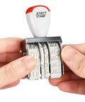 Close-up of Slick 1.5 Inch Rubber Line Dater Stamp Featuring Quick Twist Dial Calendar, shown in hand adjusting the date settings.