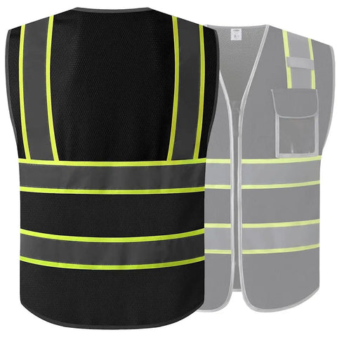 Solid Heavy Duty High Visibility Reflective Safety Vest For Men And Women Ansi Grade Compliant Unisex Mesh Workwear For Construction Road Sites Black Extra Large showing front and back views.