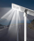 Heavy Duty Solar Streetlights For Patios And Driveways, IP66 Waterproof Motion Sensor with bright LED beam illuminating a road.
