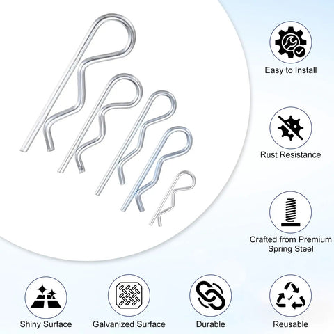 Five Size Cotter Pins R Clips Kit For Trailers Lawn Mowers Trucks ATVs And More With Spring Steel Hitch Pins Clamps And Fasteners Silver Universal Fit Multipurpose Trailer Gear For DIYers And Pros, five sizes shown