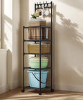 Super Tough As Nails Five Tier Rolling Shelving Unit Heavy Duty Storage Rack, black finish with various storage baskets and bins.