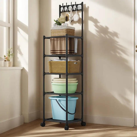 Super Tough As Nails Five Tier Rolling Shelving Unit Heavy Duty Storage Rack, black finish with various storage baskets and bins.