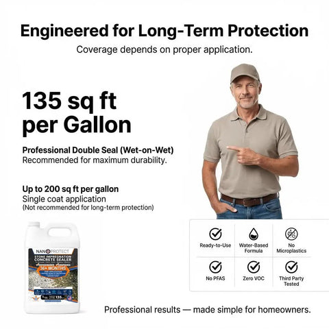 Pro Level Penetrating Concrete And Stone Sealant For Indoor Or Outdoor Areas Long Haul Water Repellent Defense For Driveways Patios And Pavers displays a man with product packaging.