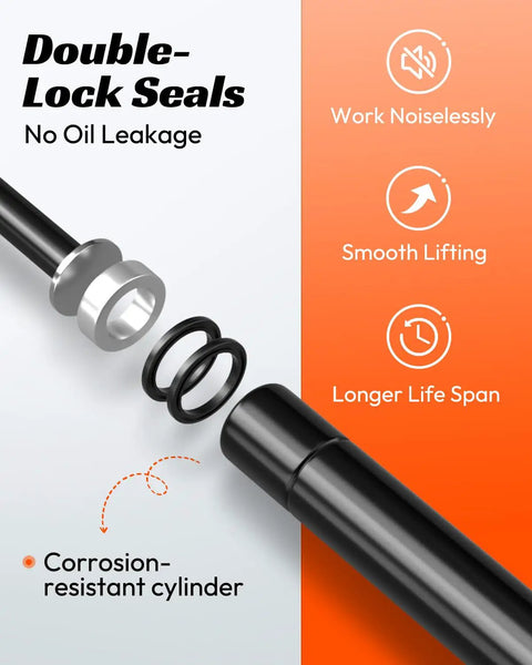 38 Lb Gas Struts For Truck Cap Camper Shell 15.7 Inch Extended 9.4 Inch Compressed Lift Supports 2 Pack Replacement For A.R.E Snugtop Leer Topper And Similar Shells showing double-lock seals and corrosion-resistant cylinder