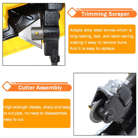 Rugged Industrial 3 In 1 Electric Pipe Threading Tool For Half To Two Inch Pipes With Durable Alloy Steel Cutter Head detail of trimming scraper and cutter assembly.