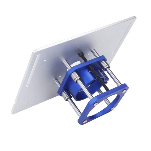 Heavy Duty Aluminum Router Lift Plate Kit With Precision Insert Base For Woodworking Routers, featuring a blue lift mechanism and silver plate.
