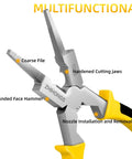 8-Inch MIG Welding Pliers With Retention Chain And Ergonomic Handle showing coarse file, cutting jaws, nozzle removal.