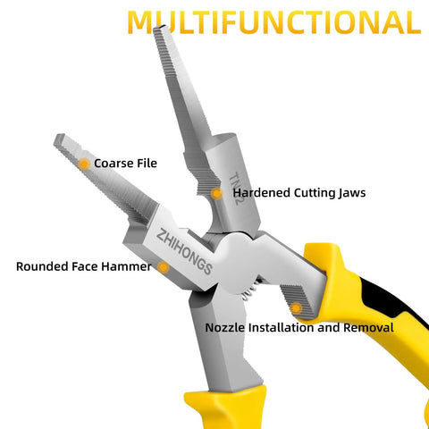8-Inch MIG Welding Pliers With Retention Chain And Ergonomic Handle showing coarse file, cutting jaws, nozzle removal.