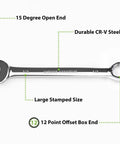 Half Inch Wrench With 15 Degree Offset And 12 Point Box End Industrial Grade Chrome Vanadium Steel Mirror Polished Finish Rustproof
