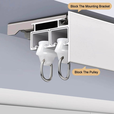Close-up of Premium Aluminum Ceiling Mount Curtain Rail With Double Groove Blackout Track brackets and pulleys