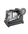 Mini Multifunctional Electric Belt Sander For Jewelry Polishing And Finishing Small Desktop Abrasive Grinder Machine side view showing belt and wheel.