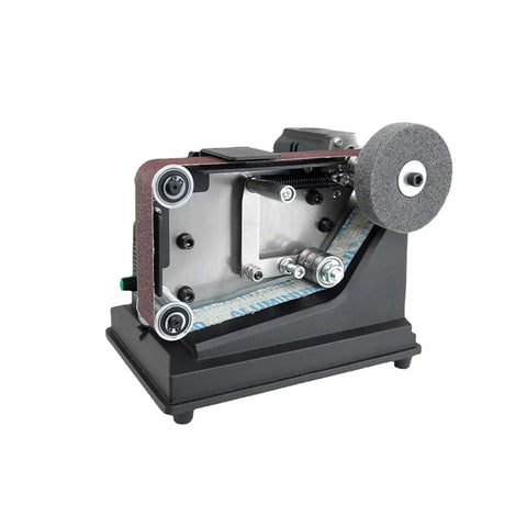 Mini Multifunctional Electric Belt Sander For Jewelry Polishing And Finishing Small Desktop Abrasive Grinder Machine side view showing belt and wheel.