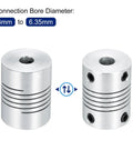 Front view of Beefy Five Pack 6.35mm To 6mm Aluminum Shaft Couplings for stepper motors, 3D printers, CNC machines, silver.