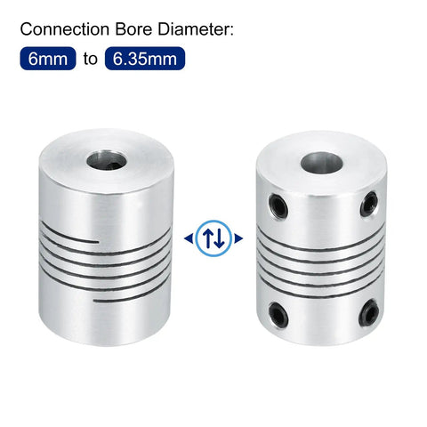 Front view of Beefy Five Pack 6.35mm To 6mm Aluminum Shaft Couplings for stepper motors, 3D printers, CNC machines, silver.