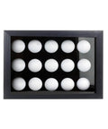 Top Notch Wood Golf Ball Display Case For 15 Balls, Wall Mount Or Freestanding Shadow Box With EVA Foam Protection, Front View