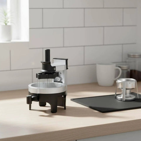 Premium Espresso Coffee Distributor And Tamper Leveler With Adjustable Rotary Depth And Twelve Prongs on kitchen counter