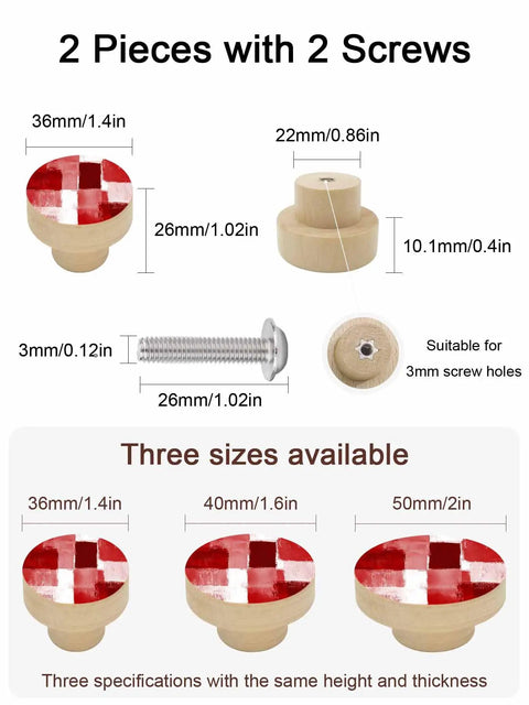 Premium 2 Piece Christmas Cabinet Knobs And Drawer Pulls Featuring A 1.4 Inch Round Design With A Killer Red Abstract Gradient Finish Crafted From Smooth Solid Beech Wood For Sweet Home Renovations with two screws and size specifications.