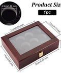 12 Hole Golf Ball Display Case Wood Box with clear window, dimensions 22cm x 17cm x 6.3cm, dark red finish, metal buckle