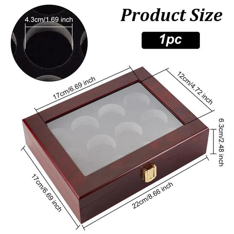12 Hole Golf Ball Display Case Wood Box with clear window, dimensions 22cm x 17cm x 6.3cm, dark red finish, metal buckle