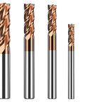Five solid carbide end mills with copper tips and silver shanks, front view, sizes 1/8–3/8 in (5 pcs)