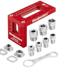 Universal Cross Dowel Jig Deluxe Kit Featuring Seven Heavy Duty Drill Guide Bushings For Bolts And Premium Wood Dowels assembly tool with aluminum jigs and drill guide inserts.