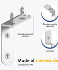 50 Piece Kickass Stainless Steel L Shaped Corner Brackets Heavy Duty 90 Degree Right Angle Support Hardware For Hassle Free Furniture Assembly And Wall Panel Reinforcement Solid Workhorse Build close-up of a stainless steel L bracket with screws.