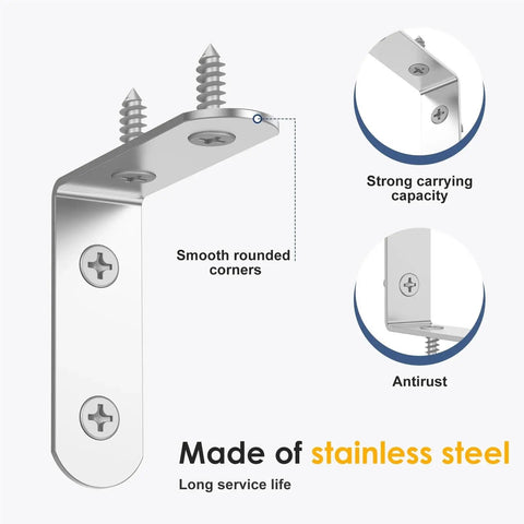 50 Piece Kickass Stainless Steel L Shaped Corner Brackets Heavy Duty 90 Degree Right Angle Support Hardware For Hassle Free Furniture Assembly And Wall Panel Reinforcement Solid Workhorse Build close-up of a stainless steel L bracket with screws.