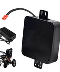 Heavy Duty Tough As Nails 24V Lithium Wheelchair Battery Replacement For Mobility Scooters with charger, black casing, mounted.