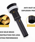 Matte Black Pop Up Vessel Sink Drain Without Overflow One And Three Quarters Inch Drain Opening Universal Fit icon showing brass material and explosion-proof features.