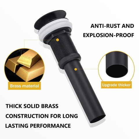 Matte Black Pop Up Vessel Sink Drain Without Overflow One And Three Quarters Inch Drain Opening Universal Fit icon showing brass material and explosion-proof features.