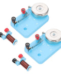 Hands On Electric Bell Lab Kit With Electromagnet And Relay For Real World Electricity Lessons Classroom Science Experiments And STEM Education Tools Now showing two kits with blue bases, metal bells, and red-black coil connectors.